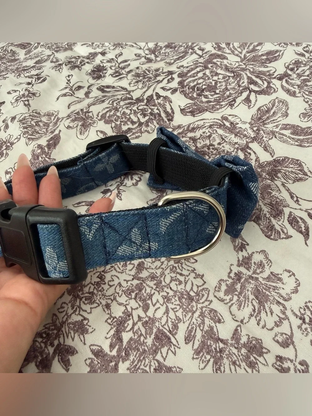 Denim Monogram Bow Dog Collar size L